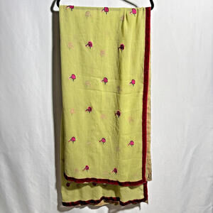 Green Chiffon Silk Scarf Wrap Pink Embroidered Flowers Red Velvet Trim *‎